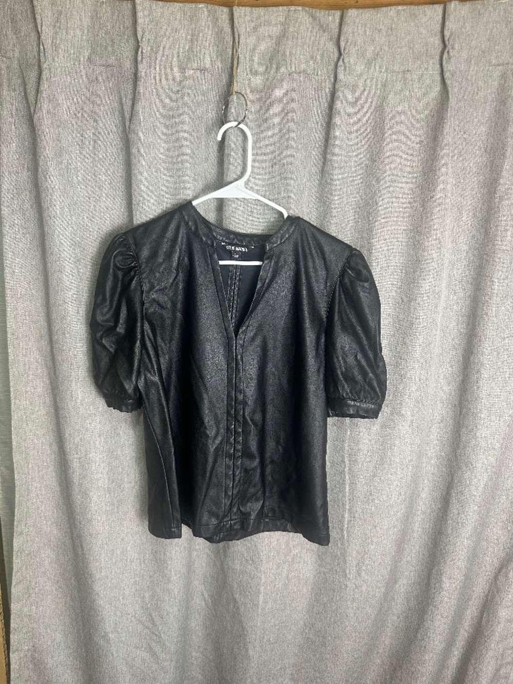 Steve Madden "Jane" Black Faux Leather Puff Sleeve Blouse Top - Size L